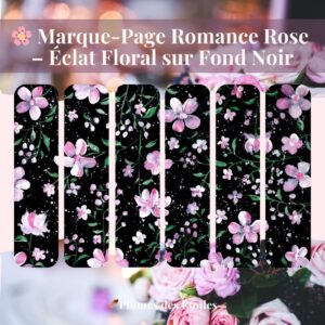 🌸 Marque-Page Romance Rose – Élégance Florale sur Fond Noir